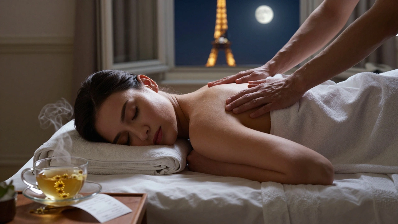 Personne endormie paisiblement dans une chambre parisienne après un massage, avec la tour Eiffel en arrière-plan.