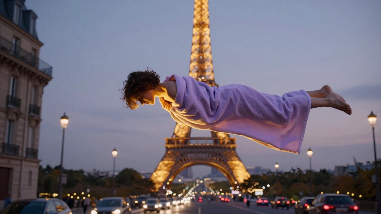 Personne flottant au-dessus de Paris, enveloppée dans une lumière dorée apaisante, les tensions qui s'évanouissent.