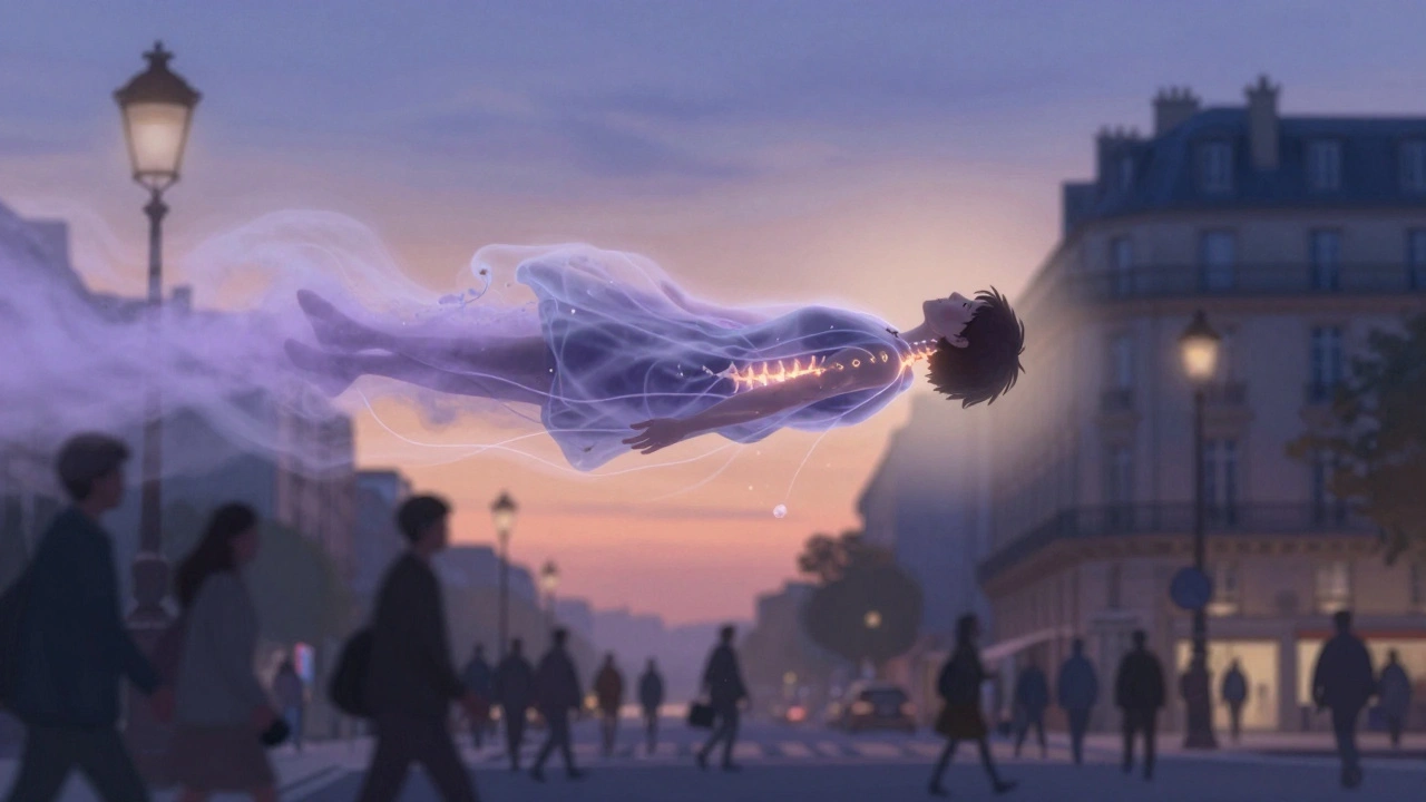 Personne flottant au-dessus de Paris, libérée du stress par des nuages de lavande et de camomille.