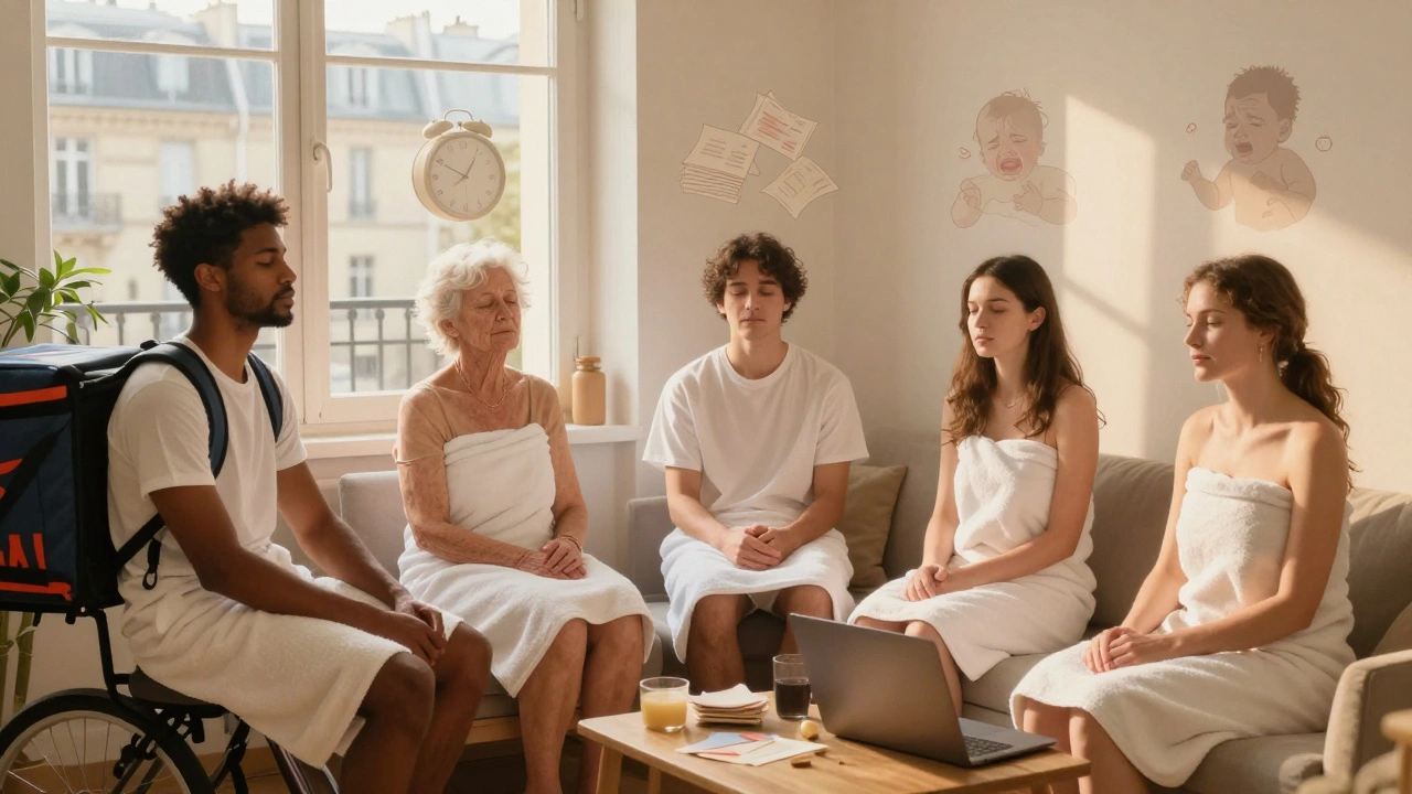 Personnes du 18e arrondissement en détente dans un espace chaleureux, les stress quotidiens s'évanouissant autour d'elles.