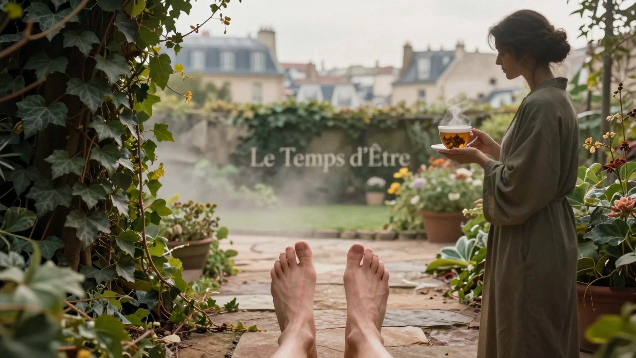 Pieds sur un chemin de pierres menant à un jardin secret, symbole de détente et de reconnexion.