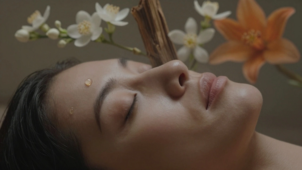 Plan rapproché d’un œil fermé avec une goutte d’huile essentielle et des silhouettes florales floues en arrière-plan.