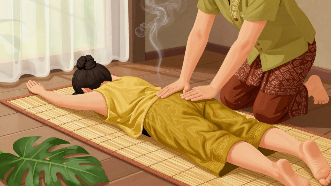 Praticien en massage thaï étirant un client habillé sur un matelas au sol, avec des feuilles tropicales et de la fumée d'encens.
