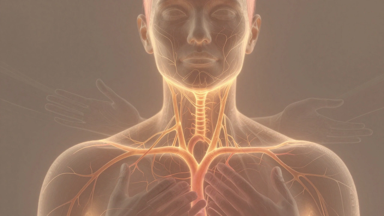 Représentation artistique des flux sanguins et lymphatiques sous la peau, activés par la pression manuelle du massage thaïlandais.