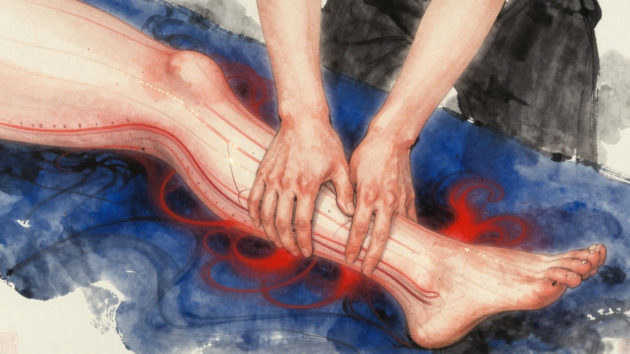Représentation artistique des méridiens énergétiques et du flux sanguin dans une jambe, avec des lignes lumineuses et des mains de masseur.