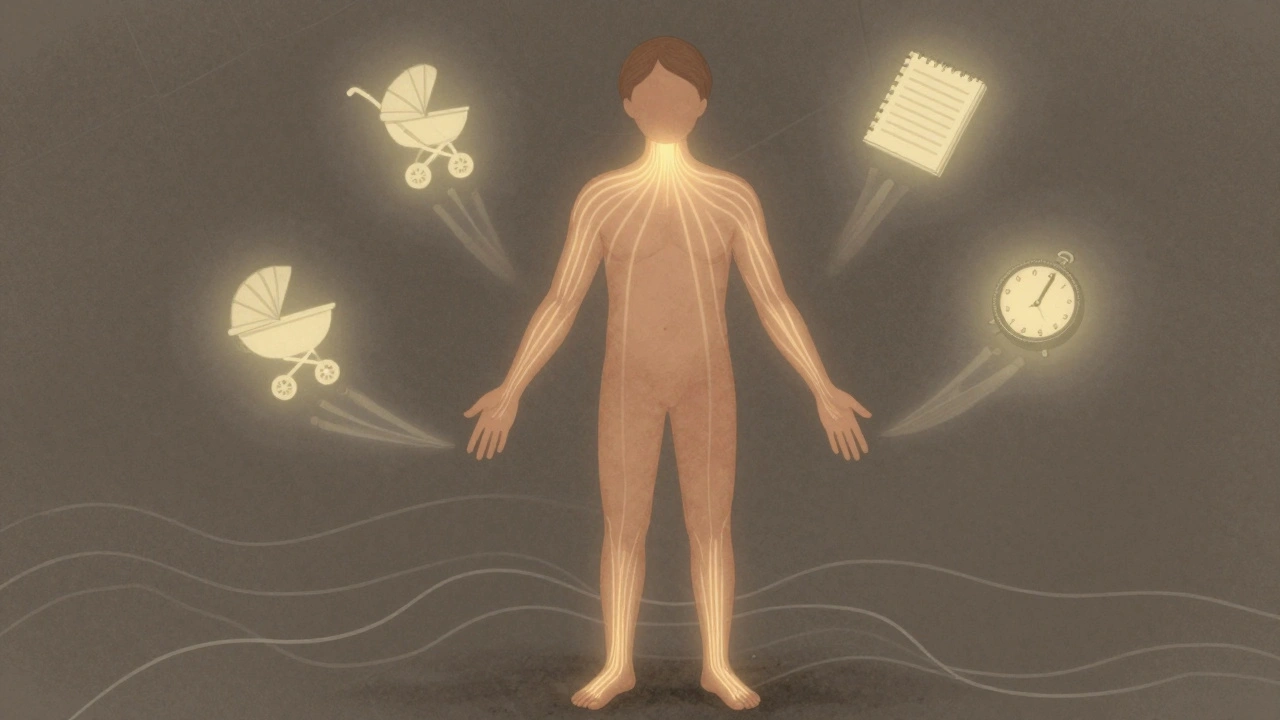 Représentation artistique du corps d&#039;un parent avec des lignes de stress qui se dissolvent sous des mains apaisantes, entourées de symboles de la vie parentale.