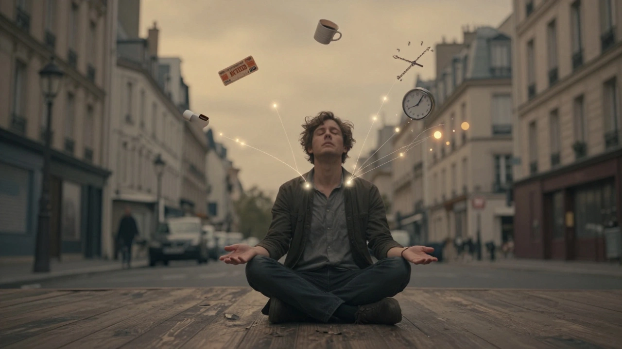 Représentation symbolique de la libération du stress après un massage, des particules lumineuses s'élèvent d'une personne apaisée.