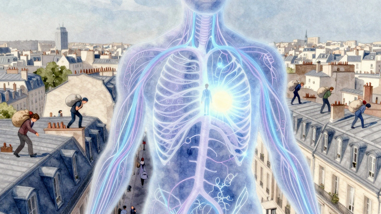Réseau lymphatique stylisé en aquarelle s'étendant au-dessus des toits de Paris, symbolisant la libération du stress.