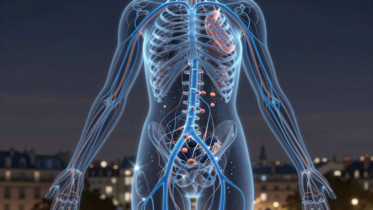 Réseau lymphatique stylisé en lumières bleues éliminant les toxines des jambes et du ventre.