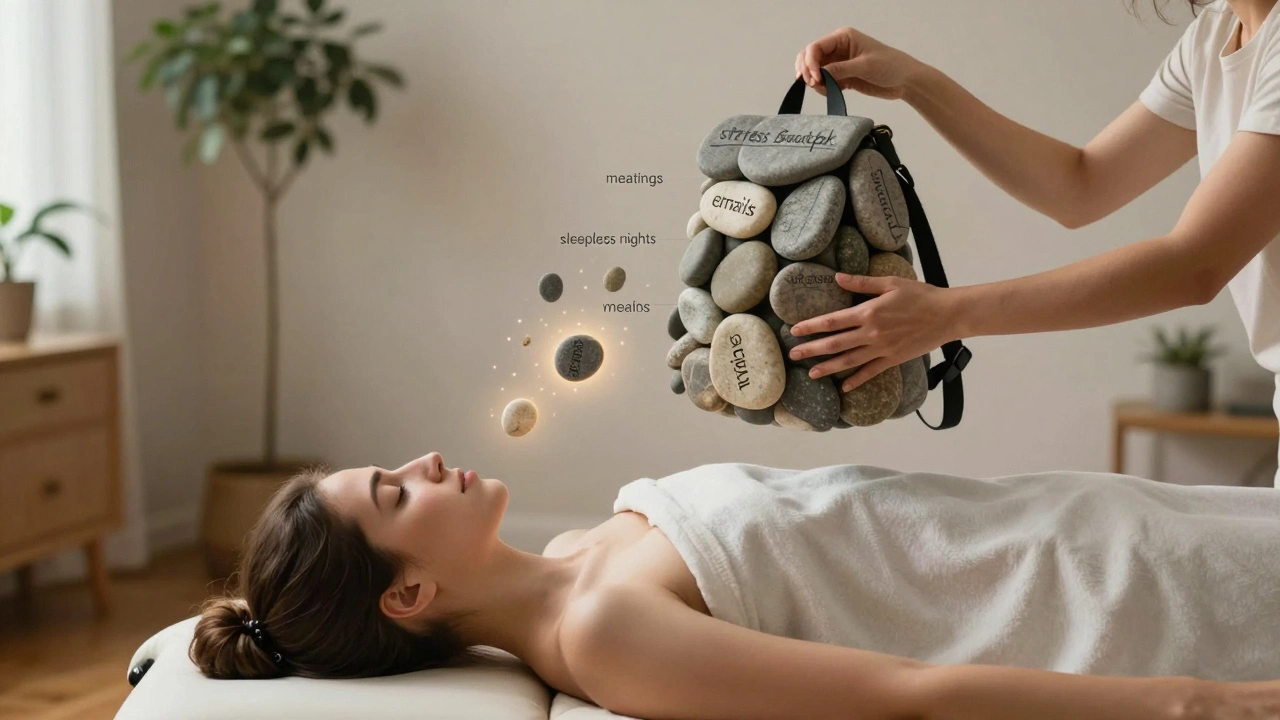 Sac à dos symbolique de stress en train d&#039;être déchargé par des mains de masseuse, les pierres se transformant en lumière douce.