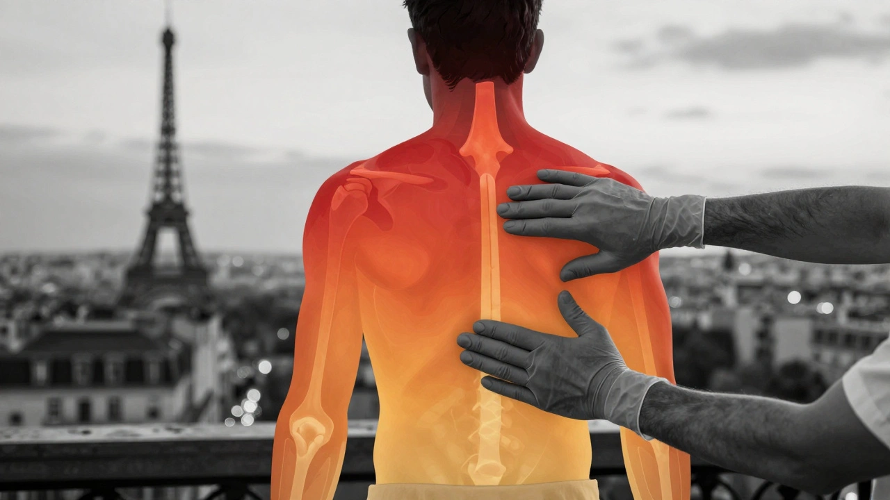 Silhouette d'homme avec zones de tension en rouge, mains professionnelles exerçant une pression ciblée sur le dos et les épaules.