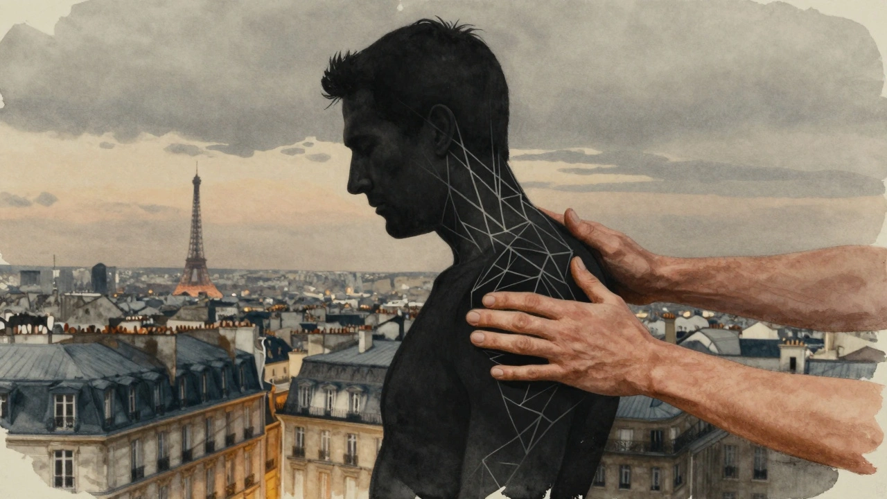 Silhouette d'un homme dont la tension corporelle se dissout en lignes fluides, libérée par des mains puissantes, sur fond de paysage urbain parisien.