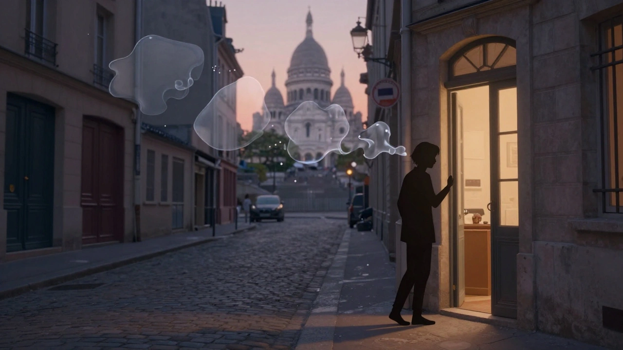 Silhouette d&#039;une personne sortant d&#039;un lieu de massage, tandis que des formes de tension s&#039;évanouissent dans l&#039;air du soir parisien.