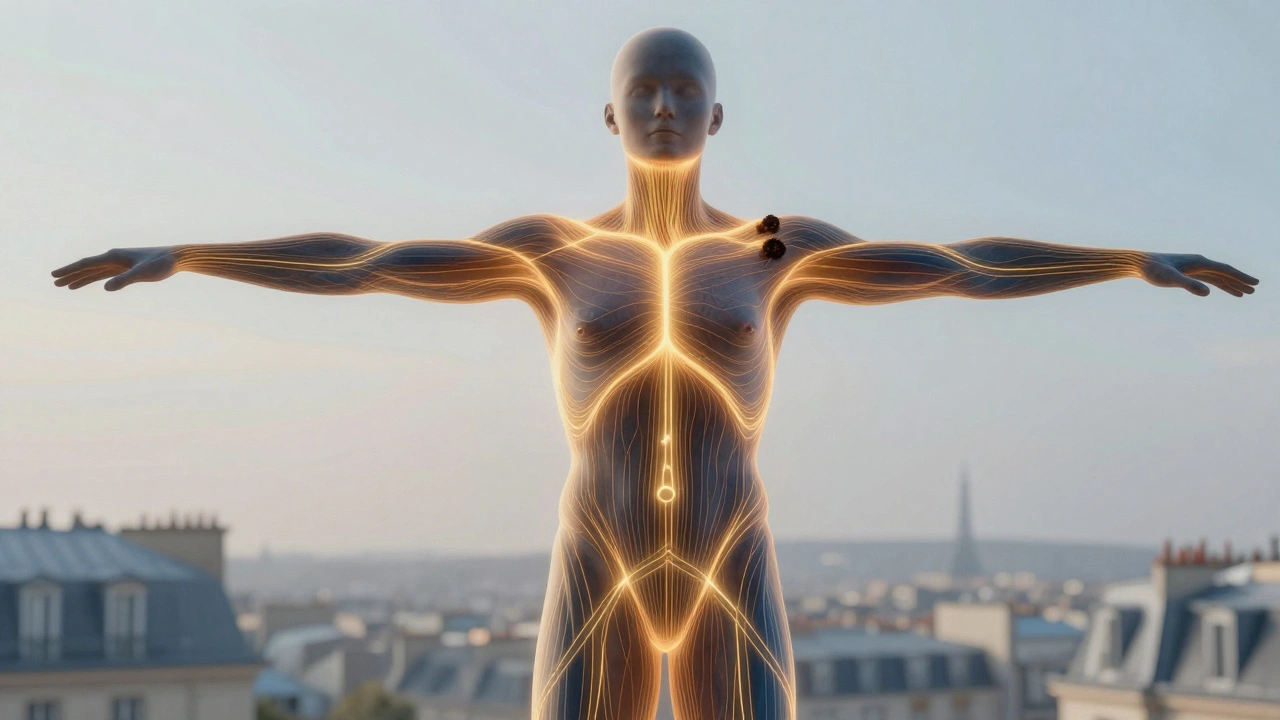 Silhouette humaine aux lignes énergétiques lumineuses, les tensions se dissolvant en lumière dorée.