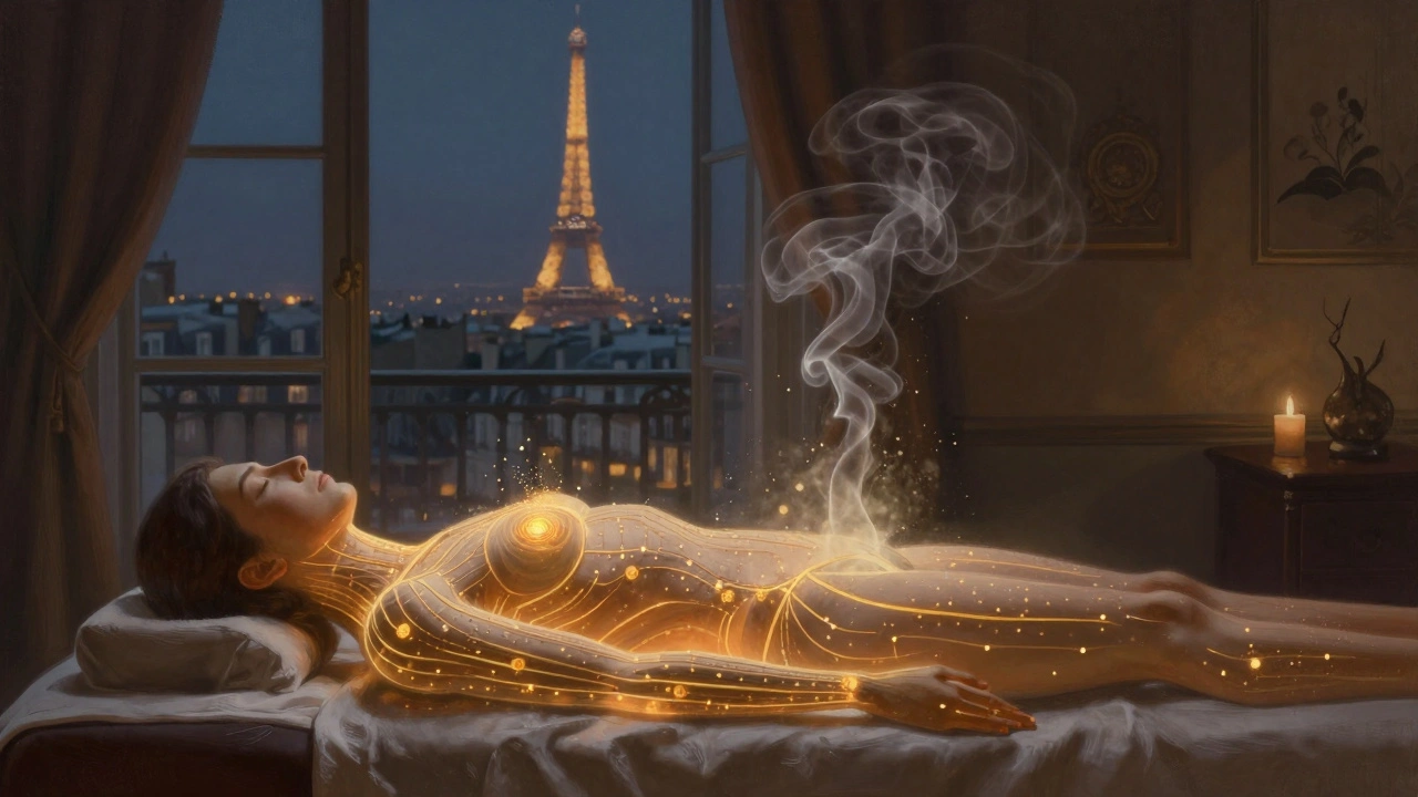 Silhouette humaine avec flux énergétique lumineux, entourée de fumée d'encens, dans un salon parisien.