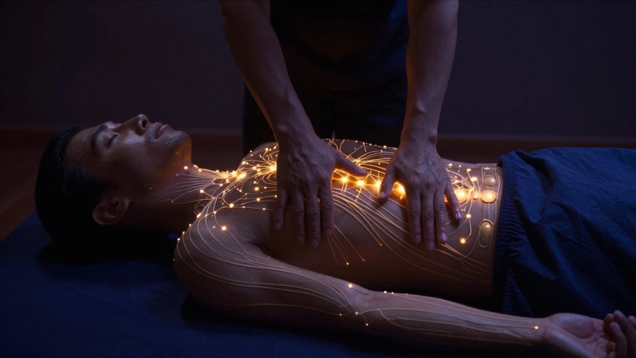 Silhouette humaine avec lignes énergétiques dorées suivant les points de pression du massage thaïlandais, représentant la connexion corps-esprit.