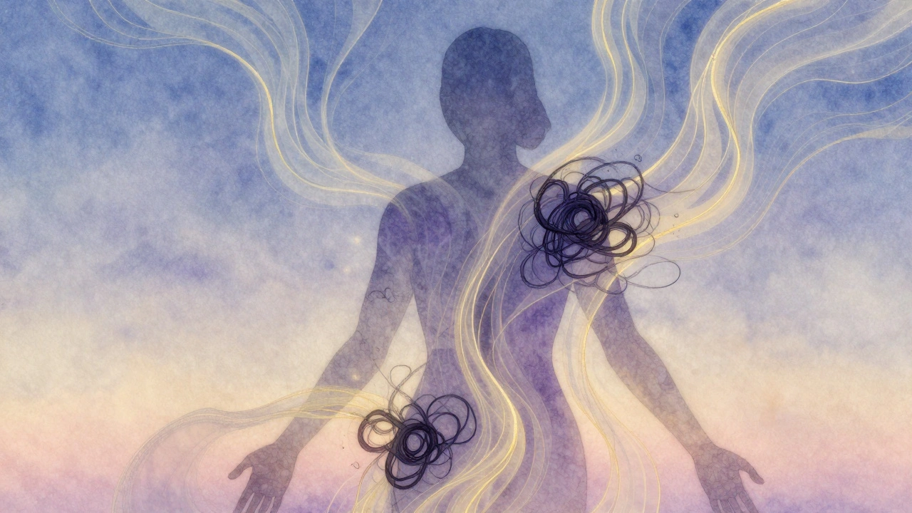 Silhouette humaine entourée de couches énergétiques colorées, des nœuds sombres se défont subtilement.