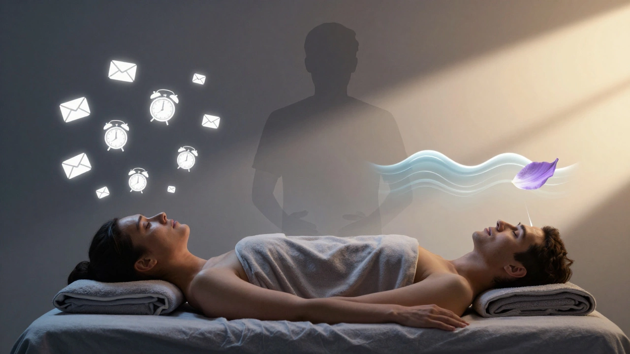 Split image : stress chronique à gauche, détente profonde à droite, avec les mains d'un thérapeute comme pont entre les deux.