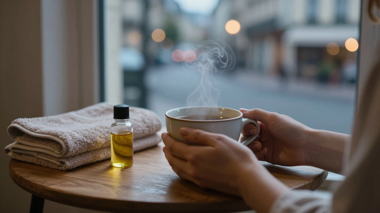 Tasse de thé fumant sur une table en bois, près d'une serviette pliée et d'une bouteille d'huile, dans un décor parisien doux.