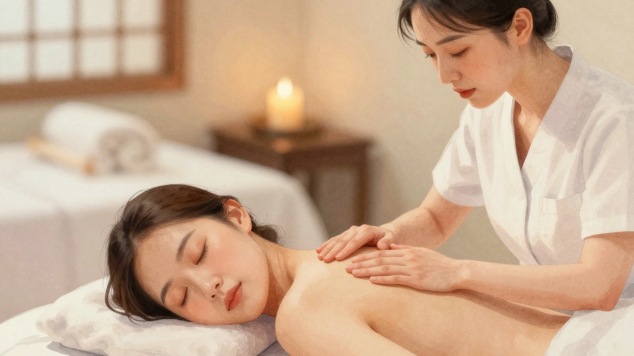 Thérapeute observant la respiration d'un client en massage suédois, dans une ambiance apaisante et douce.