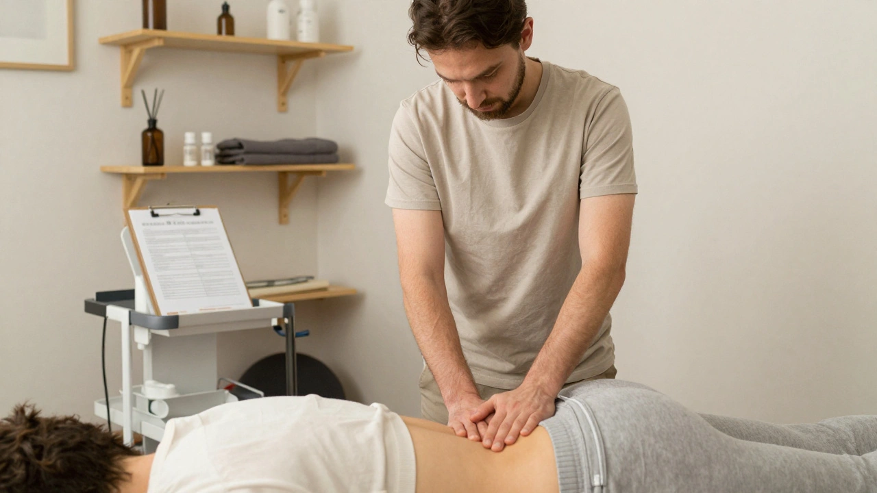 Thérapeute professionnel massant le dos d&#039;un client dans un cabinet de kinésithérapie sobre.