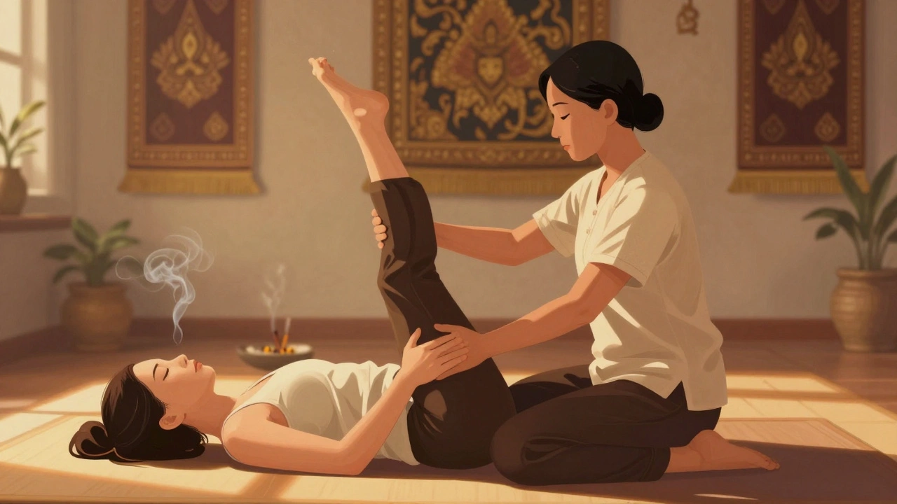 Thérapeute thaïlandais en mouvement, étirant doucement la jambe d’un client allongé sur le sol, dans une pièce calme avec des étoffes traditionnelles.