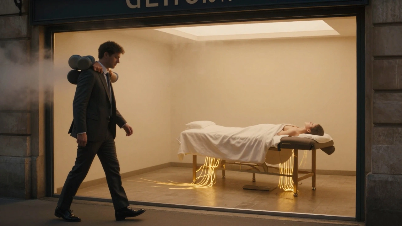 Transformation symbolique d&#039;une personne stressée en paix intérieure lors d&#039;un massage asiatique, énergie dorée.