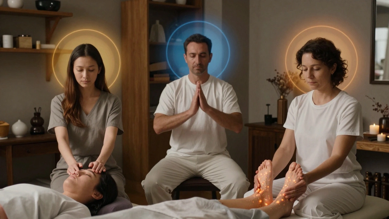 Trois techniques de massage énergétique représentées simultanément : Reiki, Qi Gong et Jin Shin Jyutsu, dans un centre de bien-être parisien.