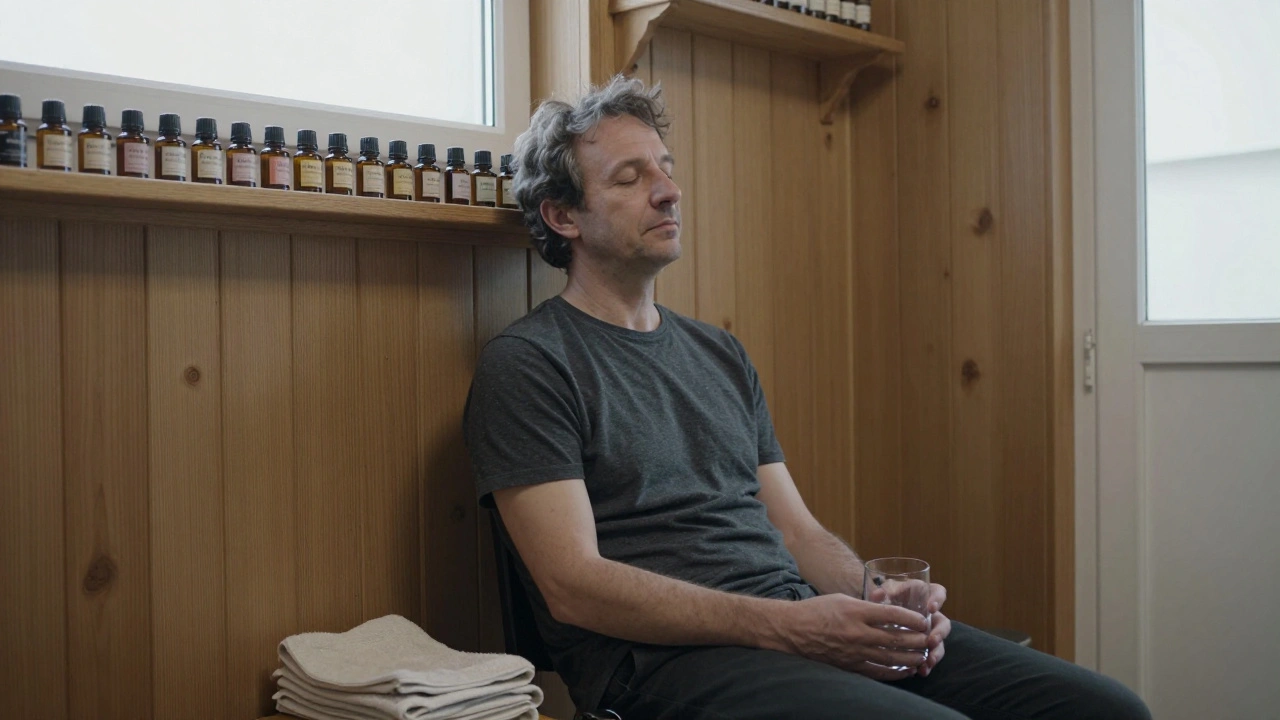 Un homme assis en silence après un massage, tenant un verre d'eau dans un petit studio parisien aux murs en bois.