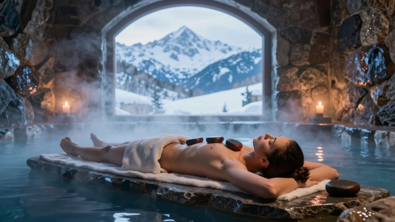 Un spa thermal dans les Pyrénées avec des pierres chaudes et une vue sur les montagnes enneigées, dans une atmosphère brumeuse et paisible.