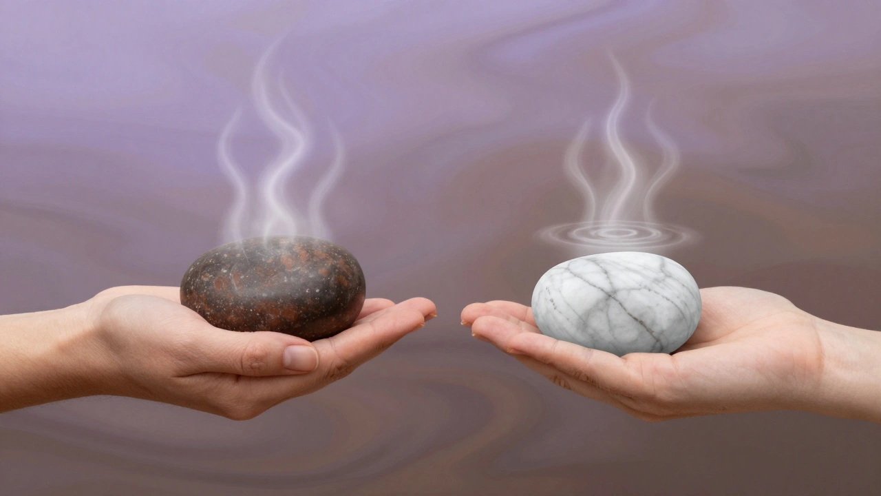 Une pierre chaude et une pierre froide posées sur le corps, symbolisant l'équilibre thermique et la détente profonde.