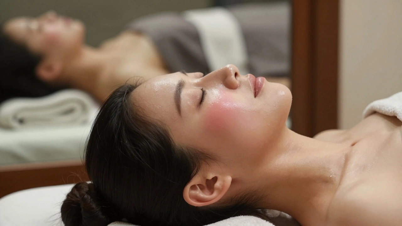 Visage d&#039;une femme après un massage thaïlandais, éclat naturel, peau lumineuse sans produit, dans une ambiance calme et apaisante.