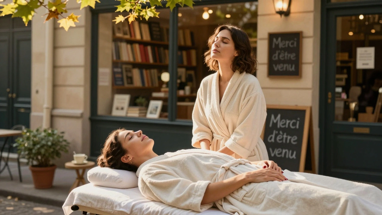 Client détendu, les yeux fermés, sortant d'une séance de massage dans une cour paisible à Paris 12.