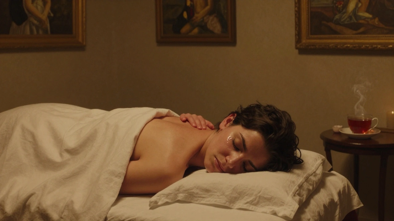 Client en pleine détente à Montmartre, larmes de soulagement, pièce silencieuse avec peintures anciennes.