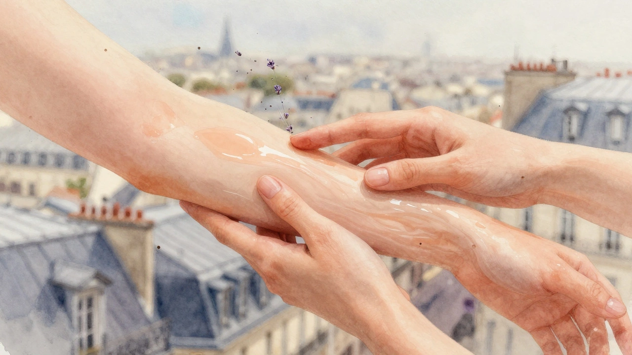 Close-up de deux mains en mouvement doux sur un bras, la peau luisante d'huile naturelle, avec des particules de parfum flottant dans l'air.