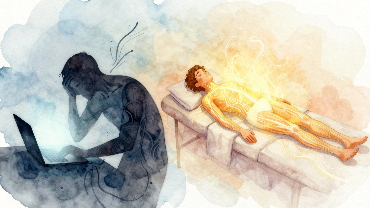 Contraste artistique entre une personne stressée et la même personne en pleine détente, avec des énergies qui la rechargent.