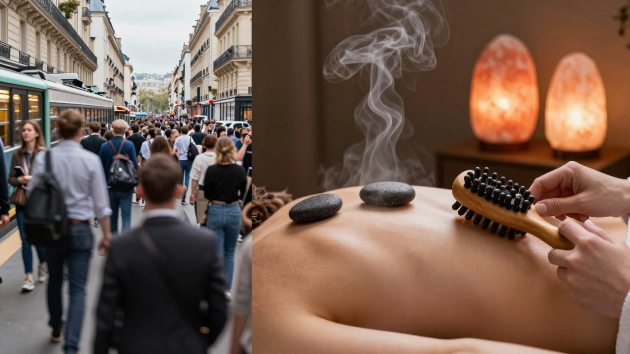 Contraste entre Paris stressant et un massage apaisant aux pierres chaudes, vapeur de lavande et lumière chaude.