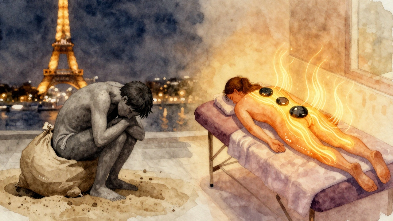 Contraste entre une personne épuisée portant un sac de sable et la même personne apaisée, baignée dans une lumière chaude pendant un massage aux pierres.