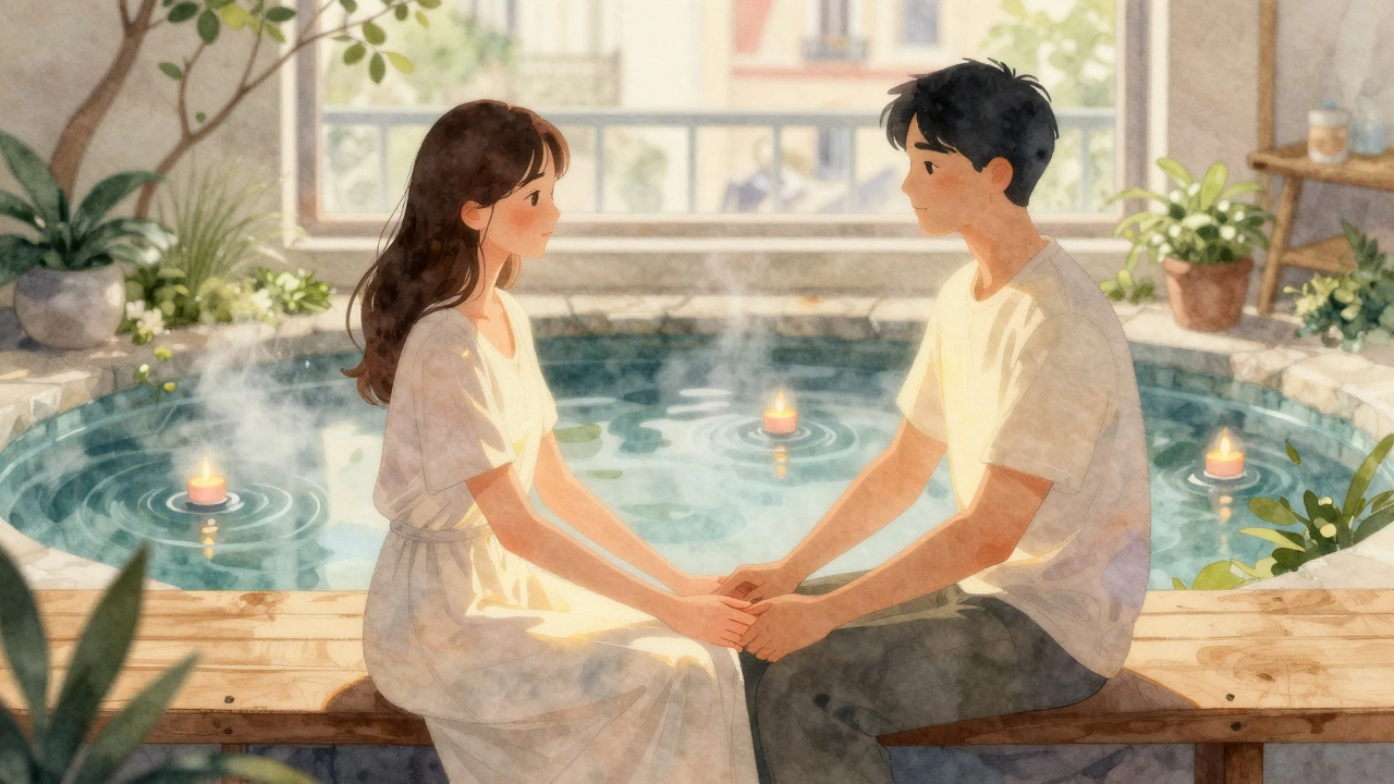 Couple assis main dans la main après un massage, près d'un petit étang intérieur, dans une atmosphère calme et chaleureuse.