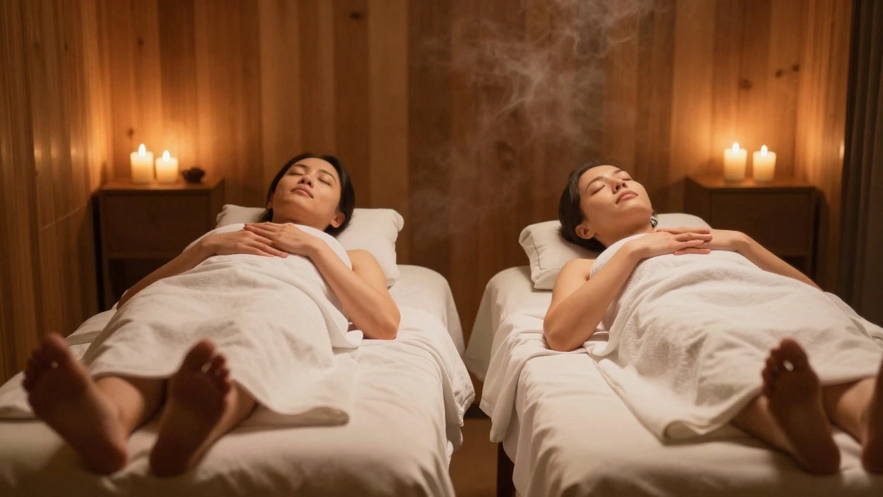 Couple en massage détente côte à côte, les yeux fermés, partageant un moment de paix silencieuse dans une pièce chaleureuse.