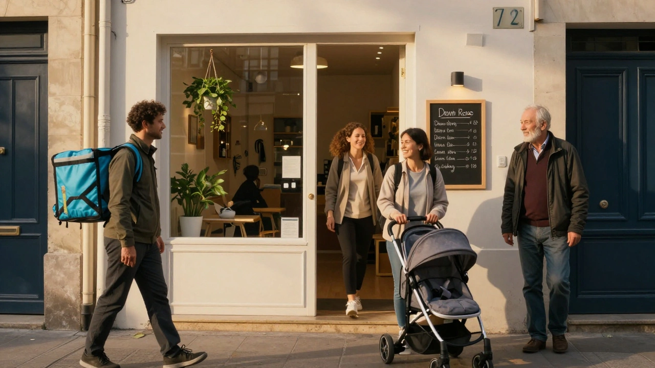 Des habitants du 13e arrondissement souriants quittant un petit studio de bien-être après une séance de massage, sous la lumière dorée du coucher de soleil.