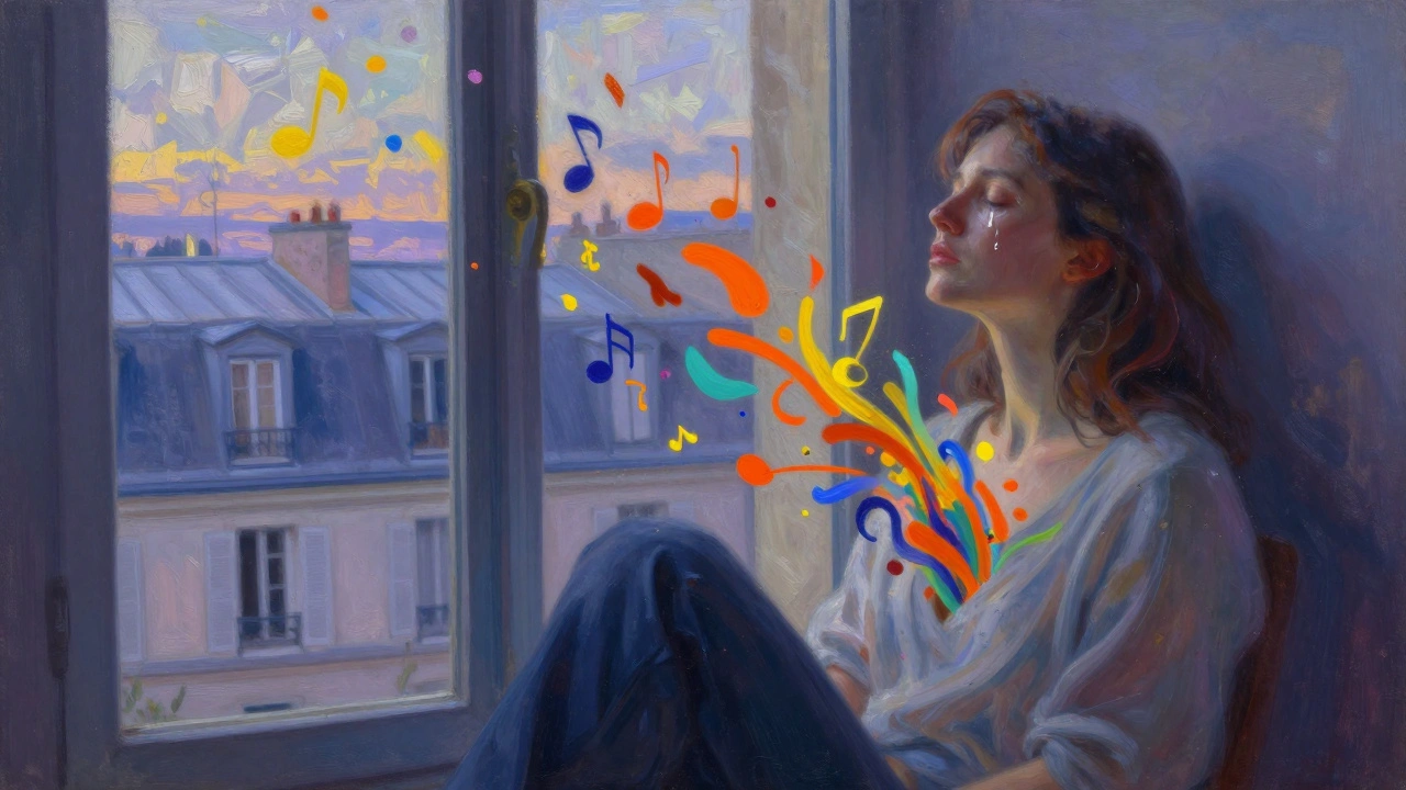 Femme aux larmes, des formes colorées s'échappant de sa poitrine, au lever du jour dans un appartement parisien.