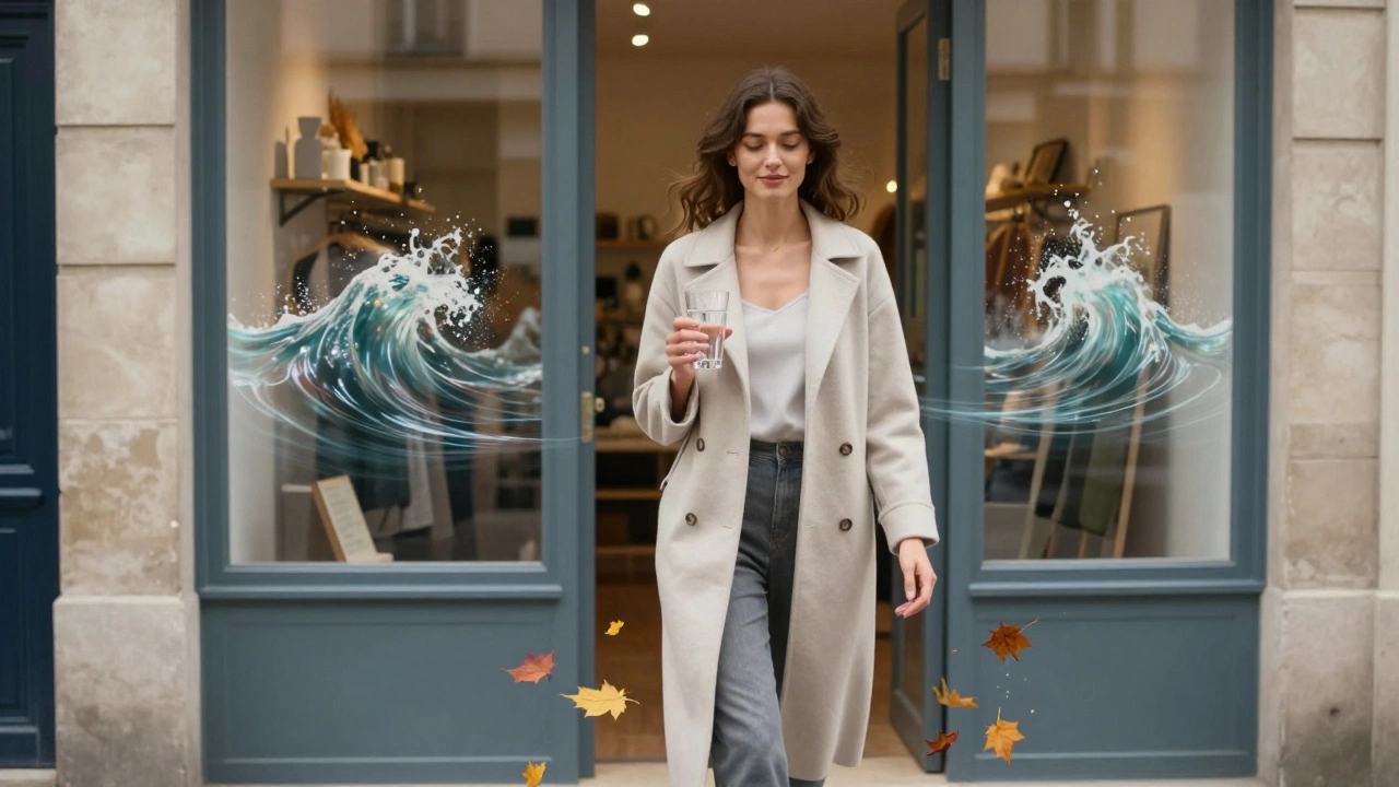 Femme sortant d'un studio de drainage lymphatique, visage apaisé, énergie subtile s'élevant de son corps sous la lumière douce.