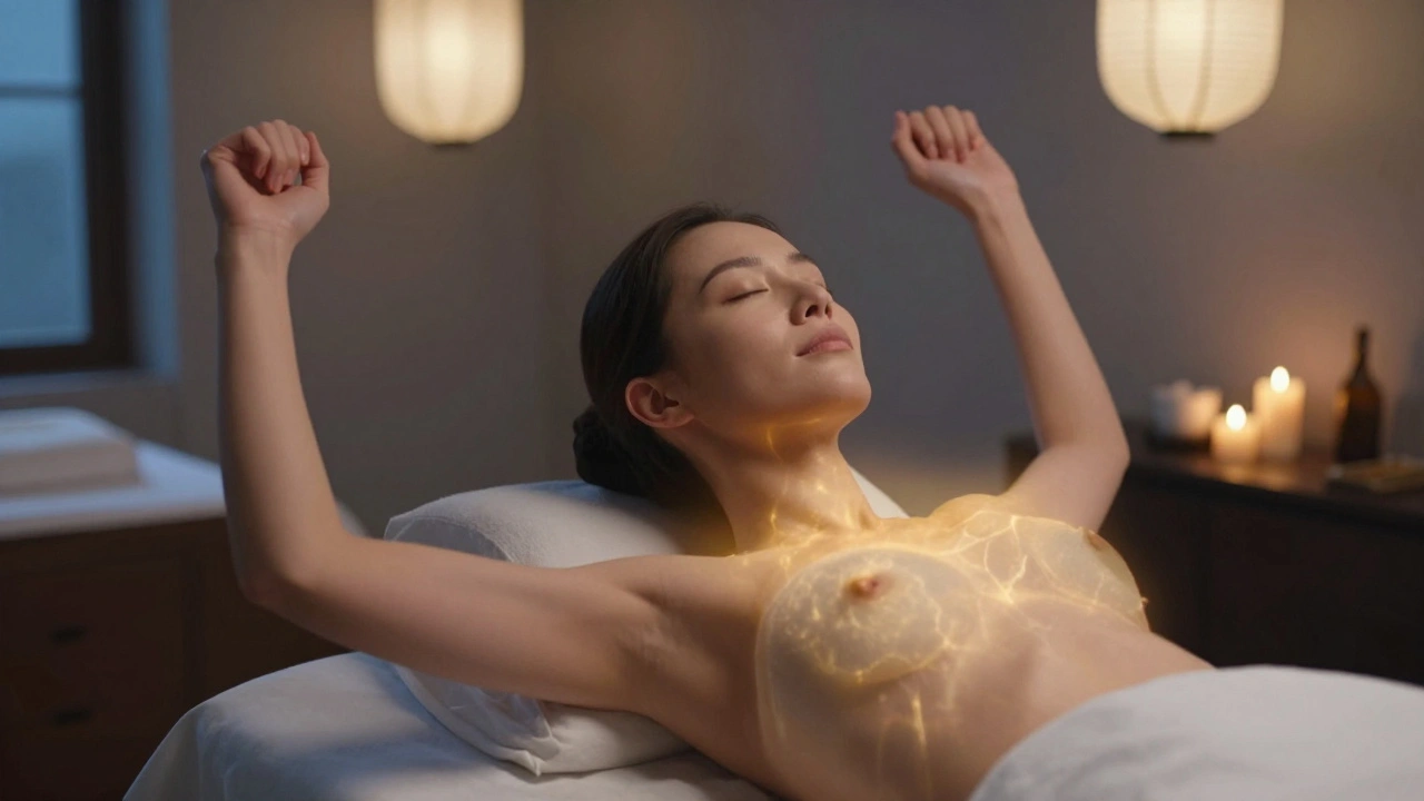 Femme sortant d'une séance de massage, éclairée par une lumière douce, symbolisant la libération du stress et la paix intérieure.