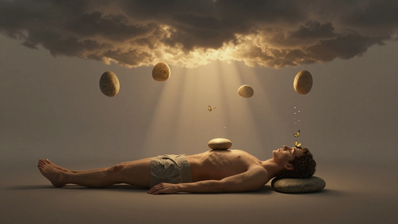 Figure humaine entourée de pierres chaudes qui transforment des nuages sombres en lumière dorée et papillons.