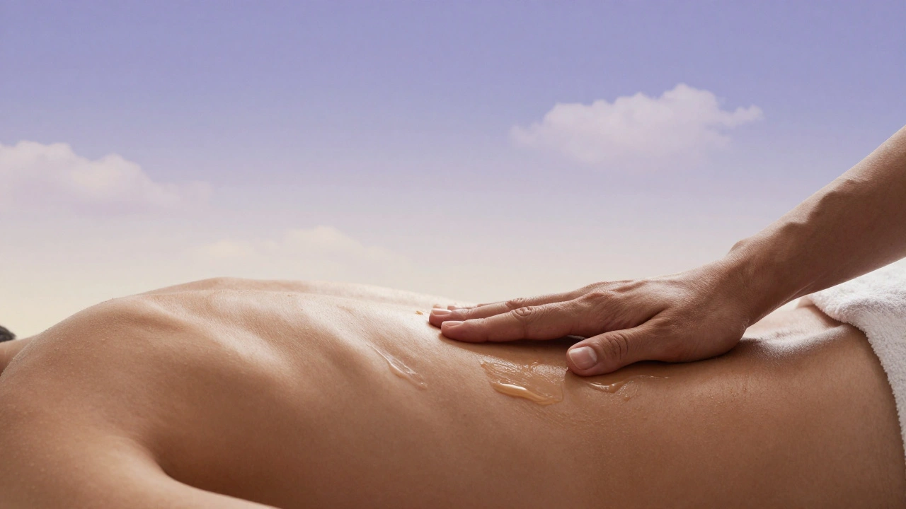 Illustration conceptuelle montrant un massage doux qui se fond dans un ciel apaisant, représentant la connexion entre corps et esprit.