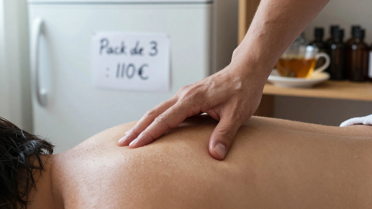 Main appliquant une pression douce mais ferme sur une épaule pendant un massage profond, avec une tasse de thé et une note manuscrite en arrière-plan.