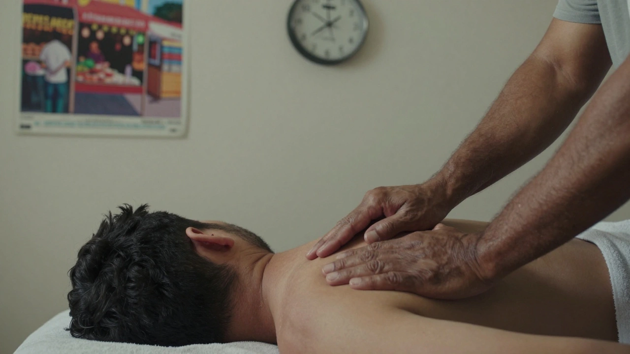 Main d'un masseur travaillant sur les épaules d'un client allongé, ambiance authentique et simple, pas de décor luxueux.