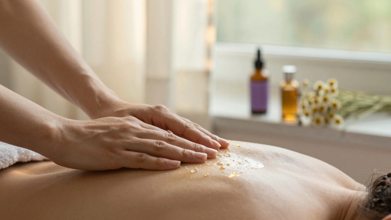 Mains appliquant de l'huile essentielle sur l'épaule, avec des fleurs de lavande et une lumière chaude en arrière-plan.