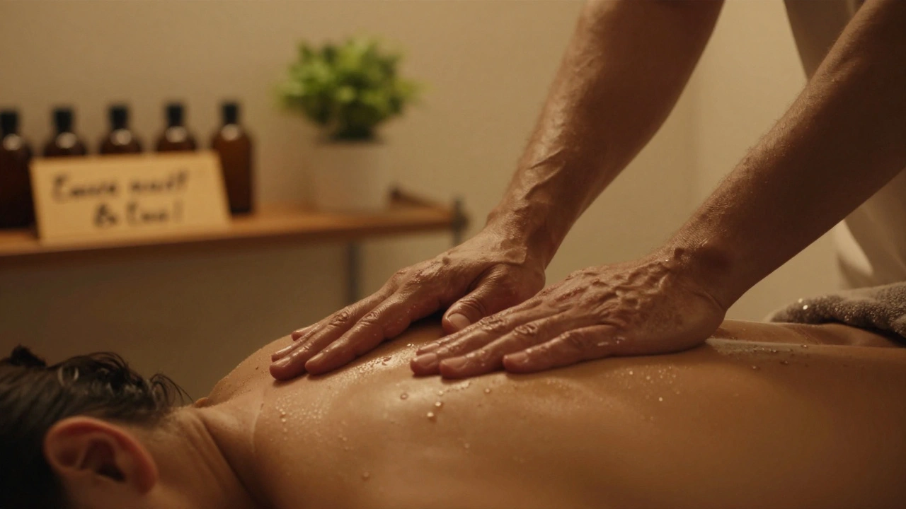 Mains d'un masseur effectuant un massage suédois sur les épaules, huiles naturelles et ambiance calme.